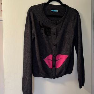 Alice + Olivia Gray Cardigan with Pink Lips Design